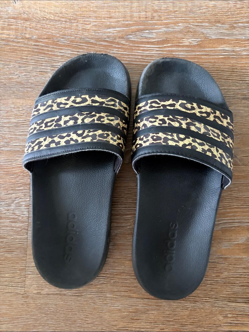 adidas Women’s Black Slides with Leopard Print Straps